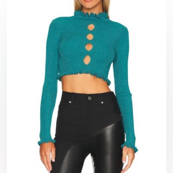 For Love And Lemons Tops - NWT For Love & Lemons Lorelei Cropped Ruffle Sweater Size Extra Small XS Teal